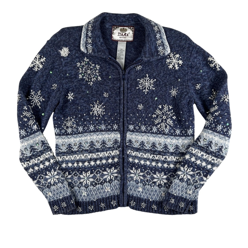 Vintage Tiara Petites‎ Cardigan Sweater Womens Petite Small Snowflake Zip Beaded